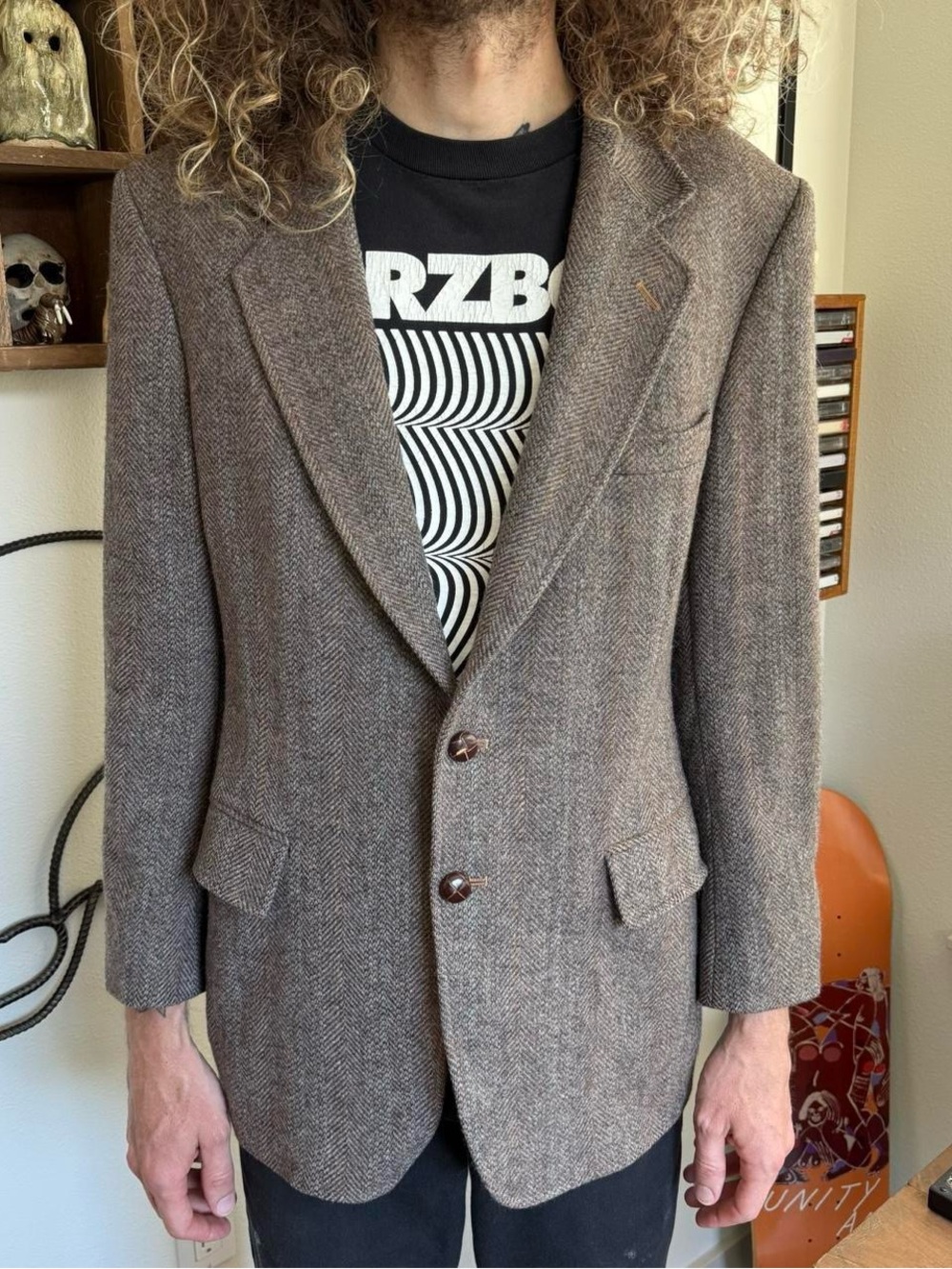 Vintage 80s Brown Wool Herringbone Tweed Blazer ~ Size Medium